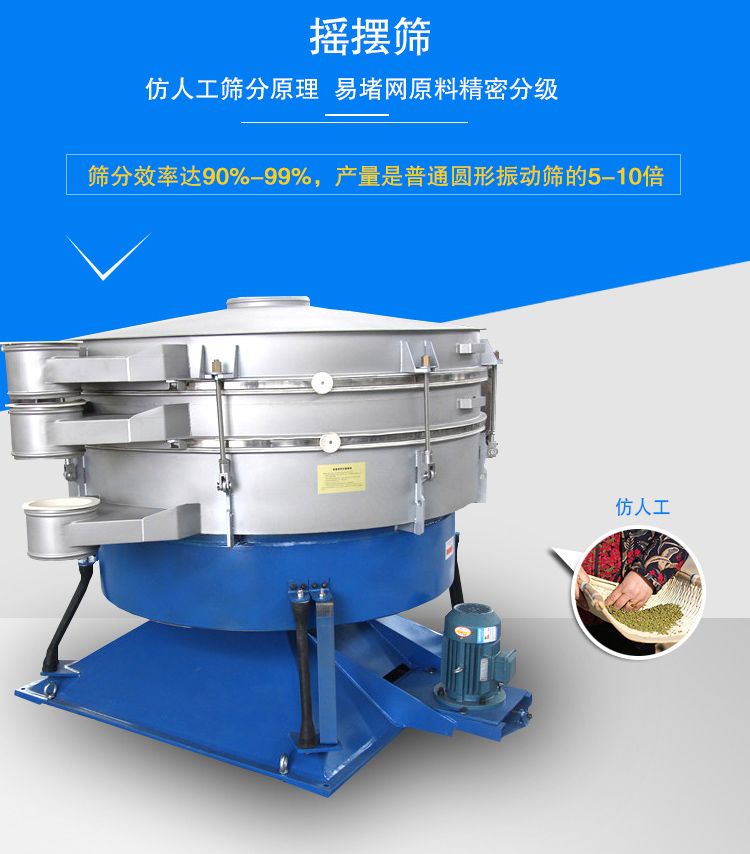 搖擺篩適合精細(xì)和超細(xì)范圍的粉末和微粒狀物料，產(chǎn)量大、精度高